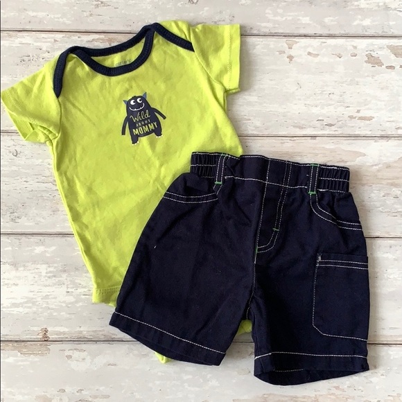 Carters 3m Baby Boy Green Onesie Navy Blue Shorts Summer Outfit Monster - Picture 1 of 4